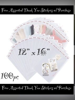 12 x 16” Large Resealable Cellophane Bags 100ct W/100-Free Thank You Stickers🌿🆕🌿